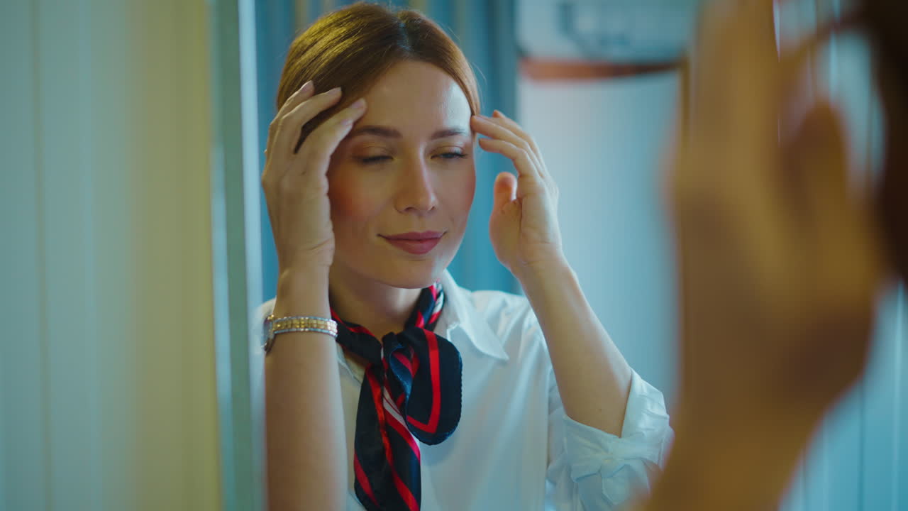 Stewardess in front of a mirror