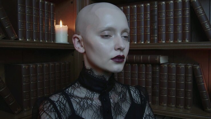 Donna calva seduta con top in pizzo nero a collo alto e girocollo, apre gli occhi mentre le candele accese illuminano la libreria