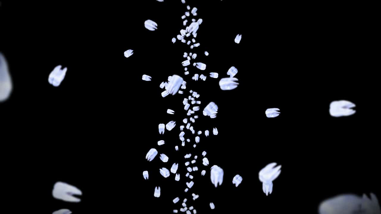 검은색 바탕에 많은  이빨을 날아다니며, 치과 관리 개념, 치아 회전의 3d 애니메이션, 루프 애니메이션.