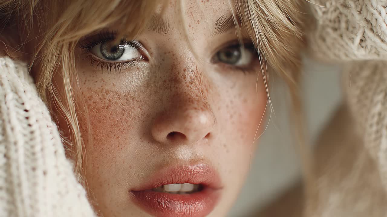 Capturing Emotion: A Close-Up Portrait of a Young Woman with Freckles and Soft Makeup Expressing Tranquility and Beauty in Natural Light