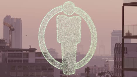 Animation-of-dots-forming-male-restroom-icon-in-circle-over-modern-buildings-in-background