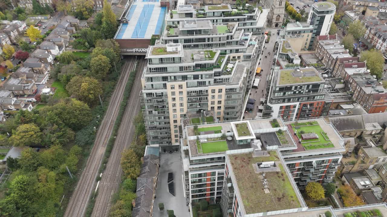 Aerial perspective of contemporary high-rise residential developments with modern architecture in Ealing, London, UK