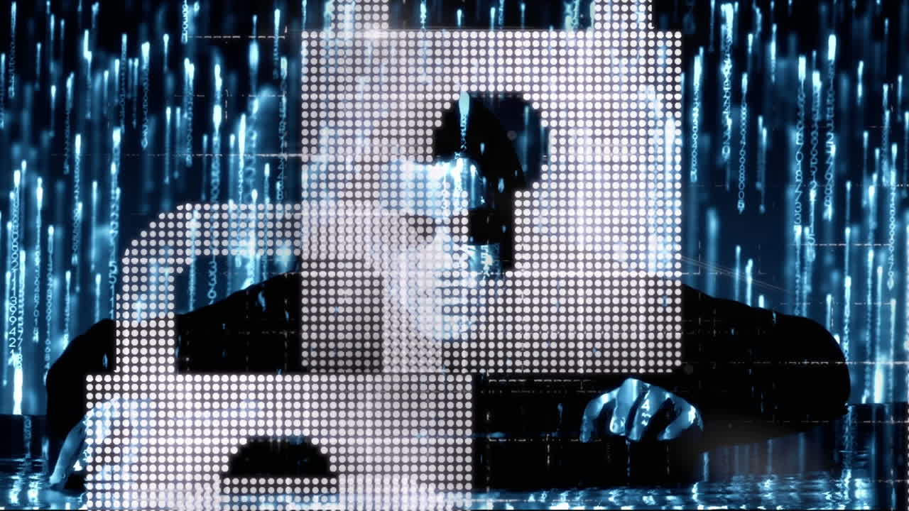 animación de la red de conexiones con iconos de seguridad de candado sobre hacker