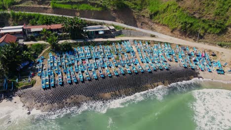 traditional fishing boats lined up on shore