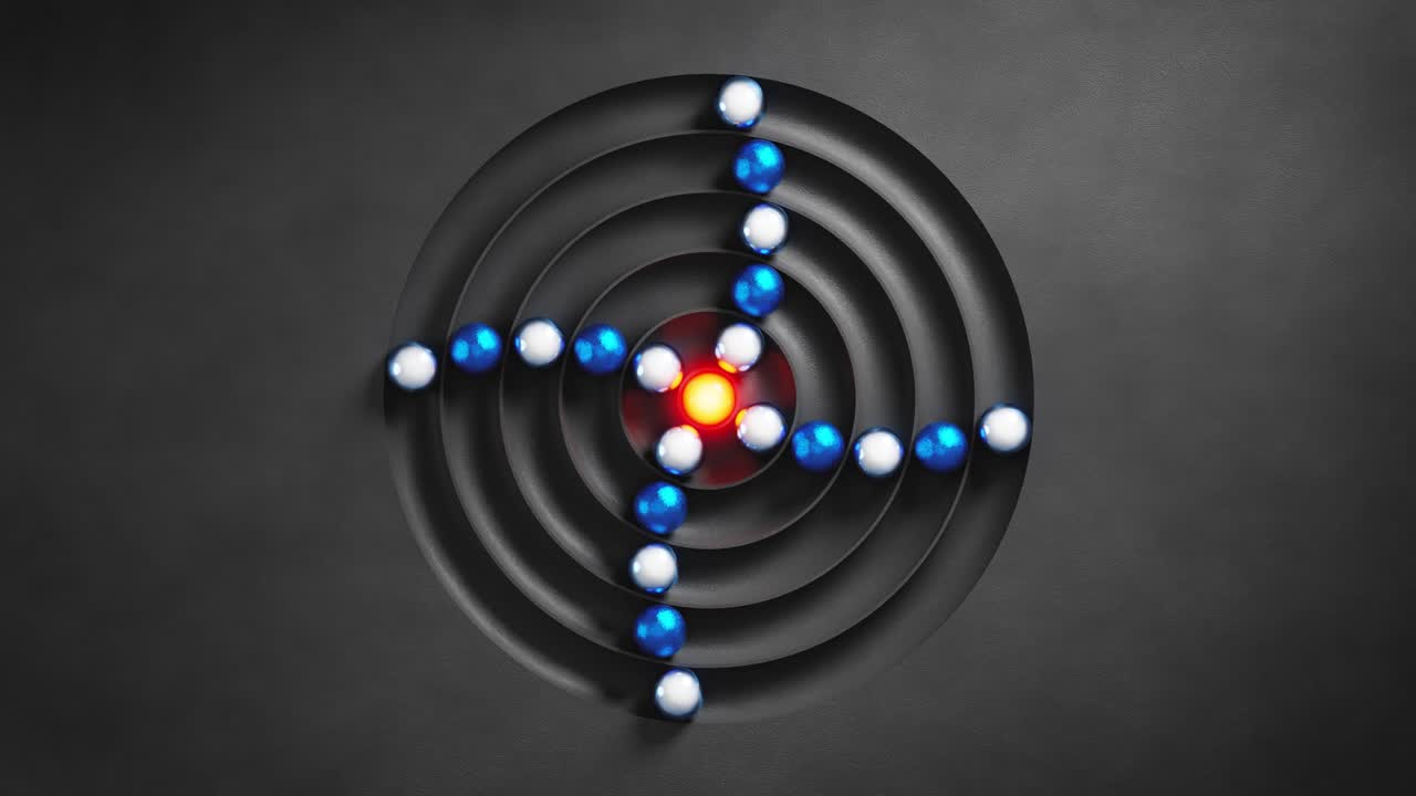 Abstract 3D Atom Model with Rotating Electrons and Glowing Nucleus