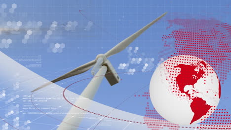 animación del procesamiento de datos del globo y el mapa del mundo a través de la turbina eólica