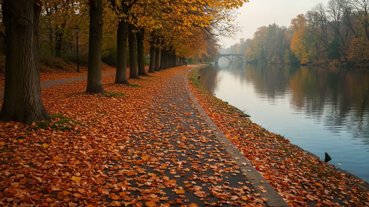 Serene Autumn Landscape: A Tranquil Pathway Lined with Golden Leaves Along the Calm River Reflecting Fall's Beauty