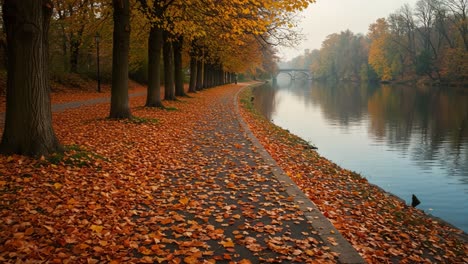 Serene Autumn Landscape: A Tranquil Pathway Lined with Golden Leaves Along the Calm River Reflecting Fall's Beauty