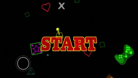 animación del banner de texto de inicio y los iconos del controlador de videojuego de neón contra un fondo negro