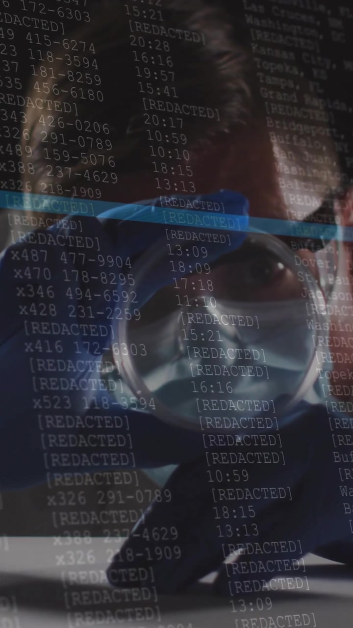 Scientist examining sample with magnifying glass over redacted data animation
