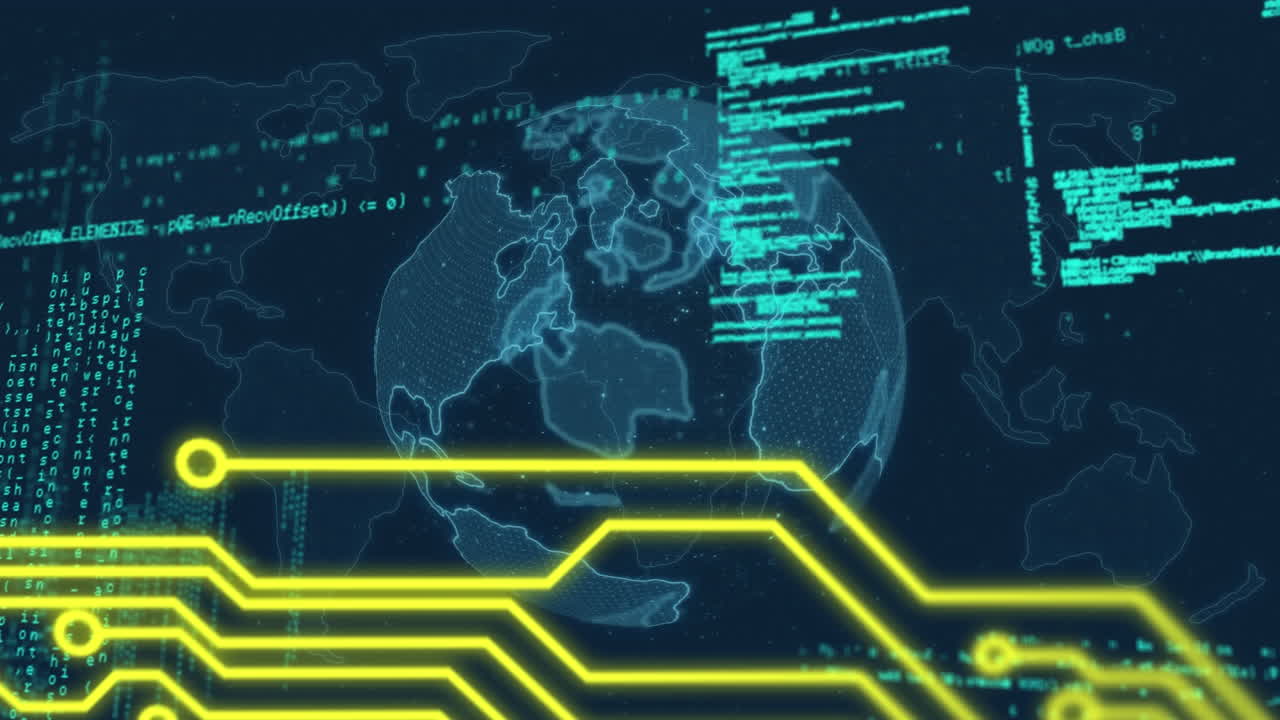 Animation of data processing and networks of connections over dark background