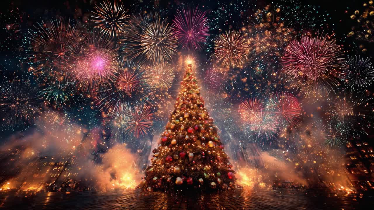 A Spectacular Display of Fireworks Illuminating a Grand Christmas Tree Amidst a Festive Night Sky, Celebrating the Joyous Holiday Spirit with Vibrant Colors and Lights