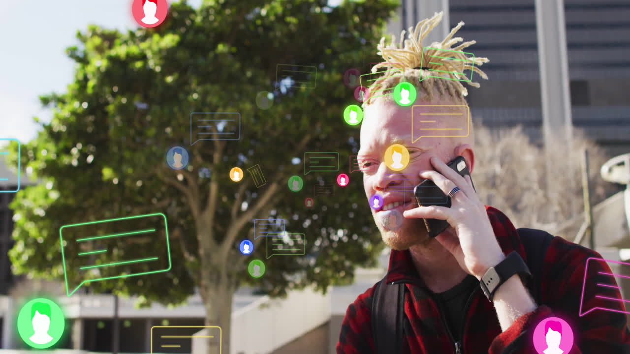 Using phone outdoors, person surrounded by animation of social media icons