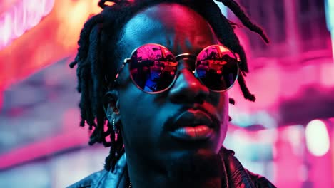 a man with dreadlocks wearing sunglasses standing in front of a neon sign