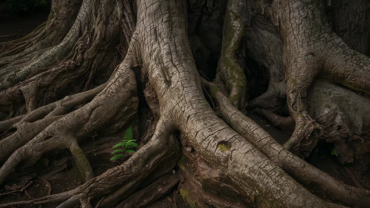 Cámara avanzando para mostrar una gran red de raíces de árbol en el suelo del bosque, revelando un pequeño helecho