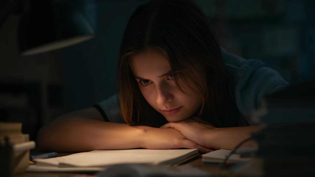 Leaning teen wearing T-shirt resting chin on arms at bedroom desk, scanning open notes under lamp