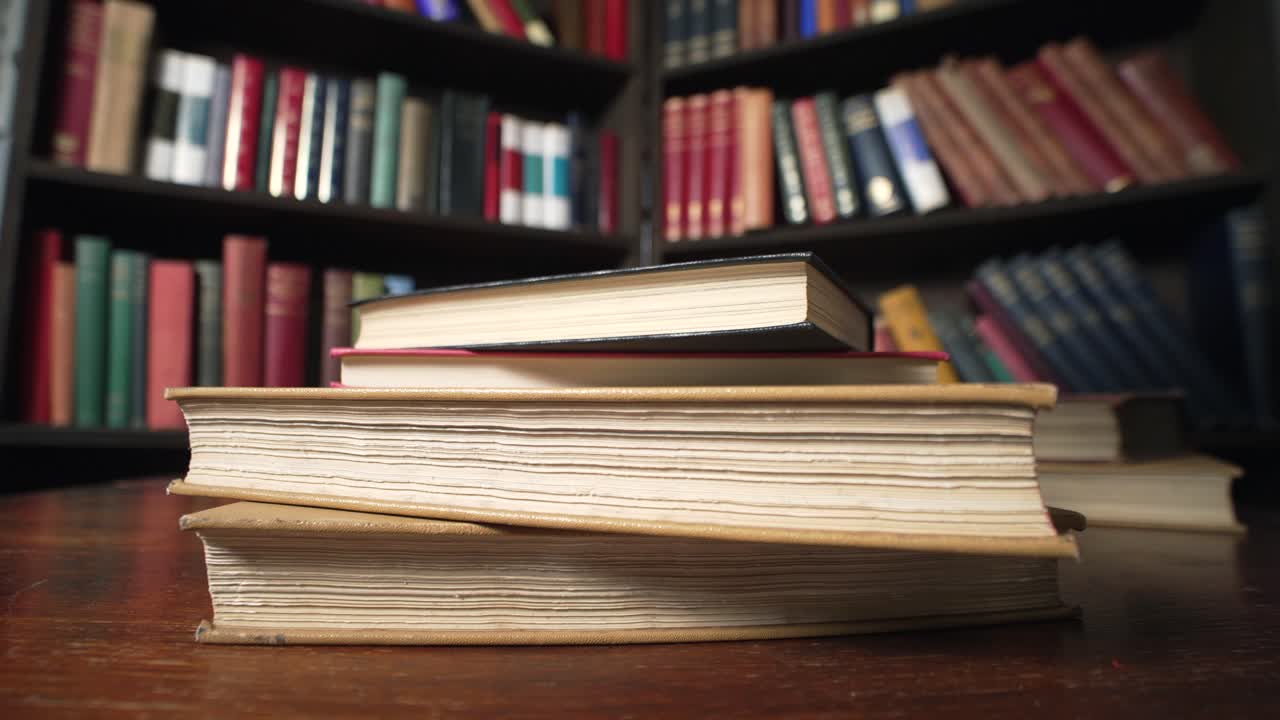 Books are dropped one by one, stack of books on table in classic library of education