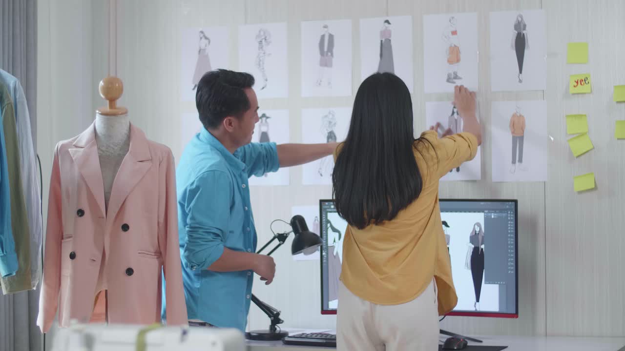 매기를 가진 아시아 남녀 디자이너들이 스튜디오에서 토론하기 전에 벽에 그림을 붙이는 것을 서로 도와줍니다.