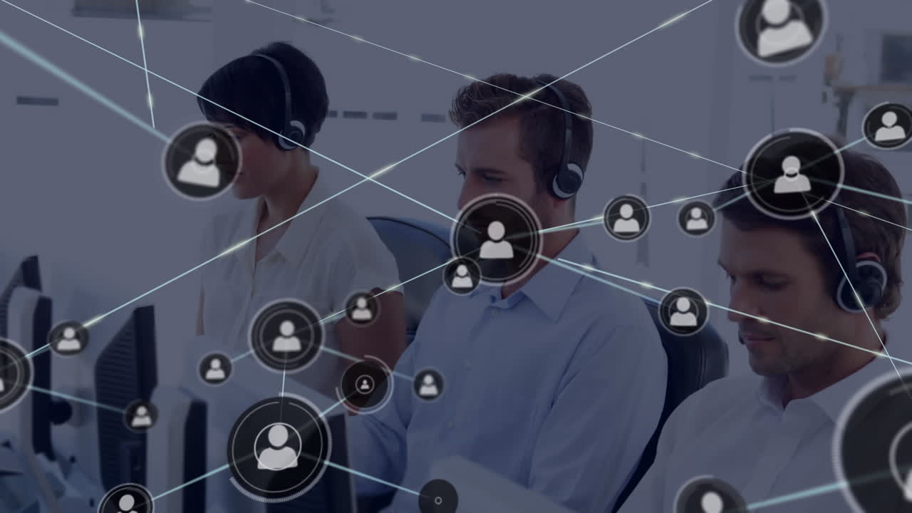 animación de la red de conexión con iconos sobre personas de negocios que usan auriculares de teléfono
