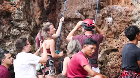 group preparing for a rock climbing adventure