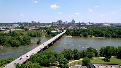 aerial-push-into-columbia-from-across-the-congaree-river,-columbia-sc,-columbia-south-carolina,-Columbia-SC-Skyline