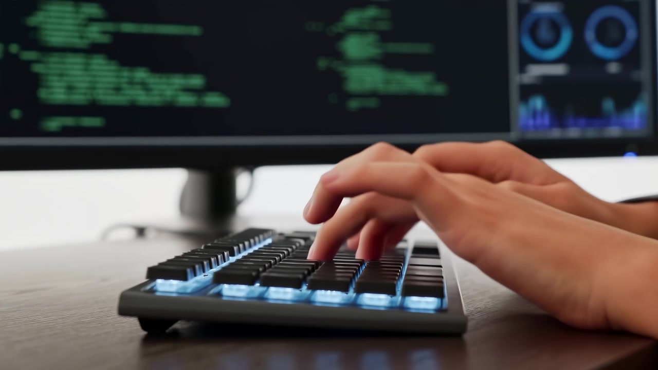 Vista em close-up acompanha dedos pressionando teclas retroiluminadas, enquanto telas de desktop desfocadas exibem texto de programação verde e gráficos coloridos, com luz interna suave sobre uma mesa de madeira.