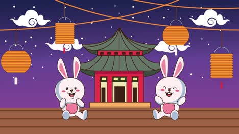 mid autumn festival animation with rabbits couple and lamps in building