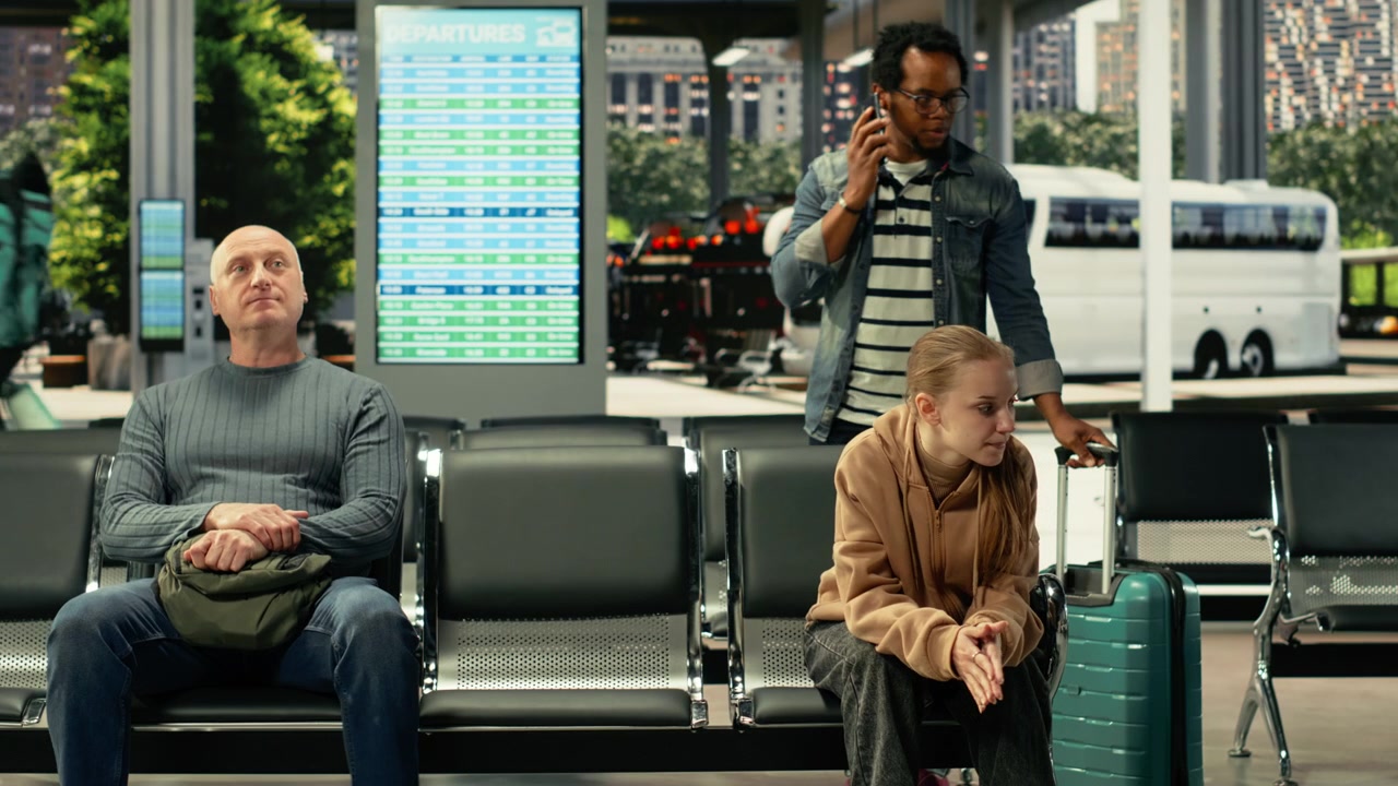 Modern bus station hall with diverse travelers sitting in waiting area