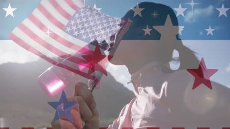 animation of american flag over biracial woman drinking water in mountains