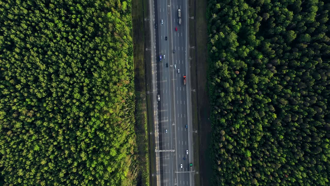 공중 교통 교차로, 도로, 도시 및 숲의 상단 뷰, 드론에서 여름 비디오.