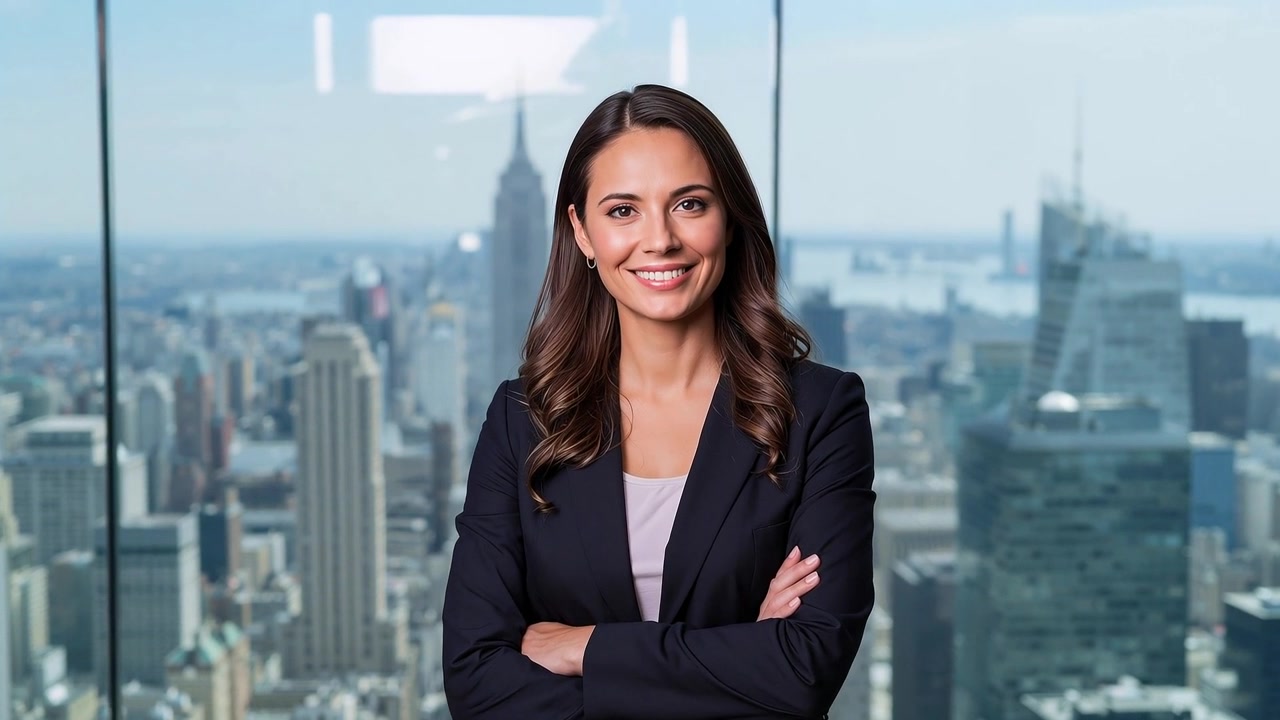 La cámara se acerca, mujer con blazer oscuro con una sonrisa cambiante de pie junto a una ventana de cristal y el horizonte