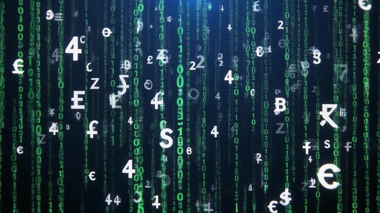 Digital Matrix Background with Falling Currency Symbols and Binary Code