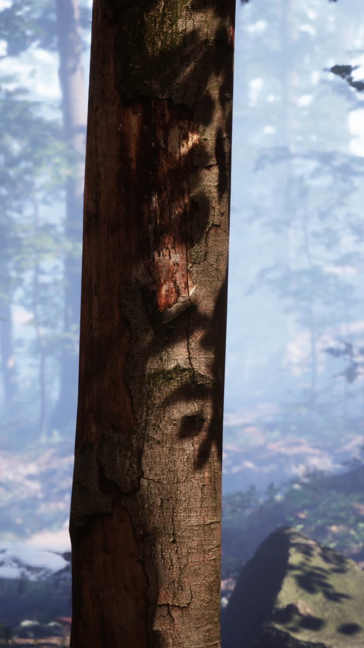 잎 을 통해 빛 을 비추는 숲 에 있는 나무 줄기 의 클로즈업