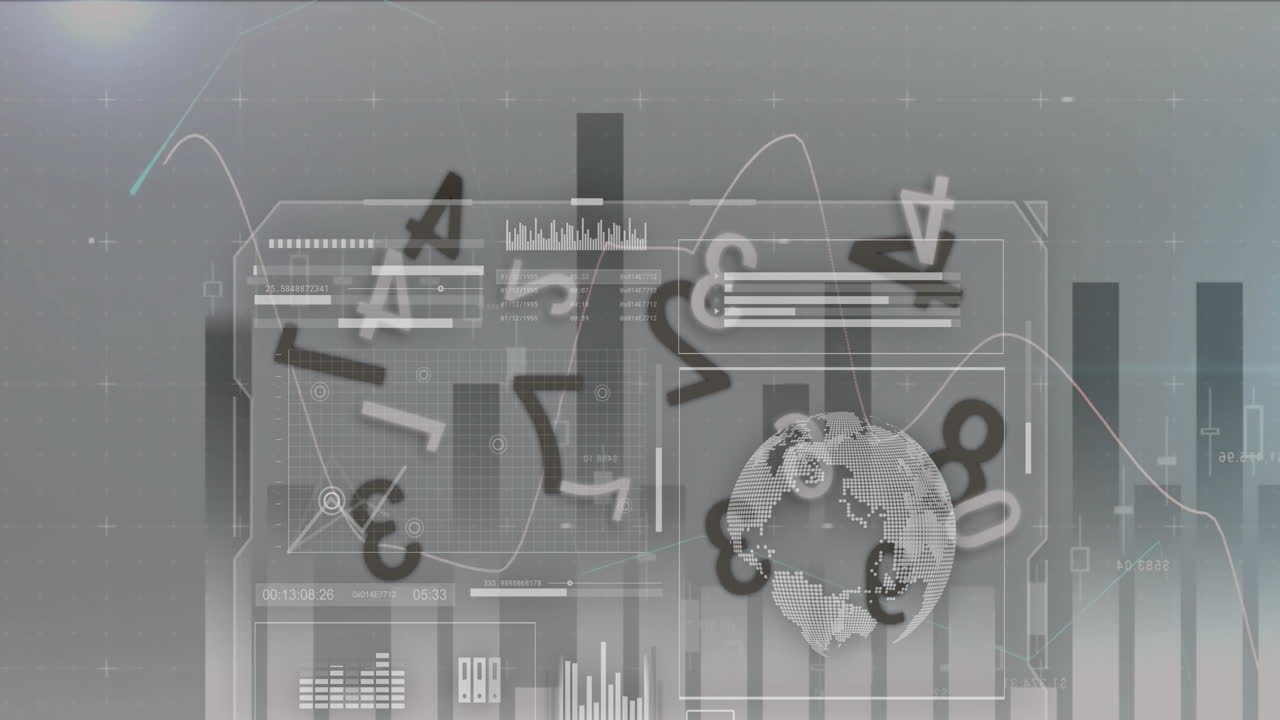 Animation of financial data processing over grey background