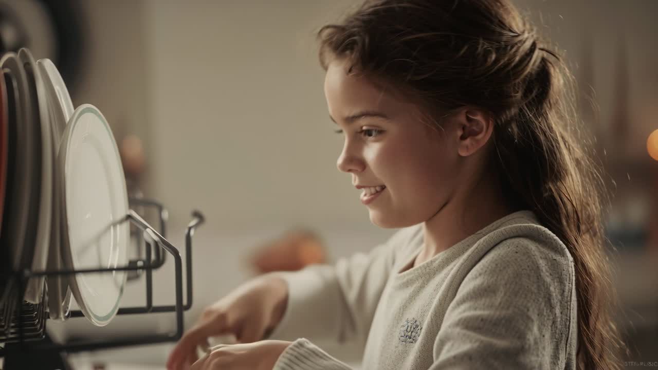 Reaching child lifting and placing white plates on metal rack to dry at home, wearing sweater