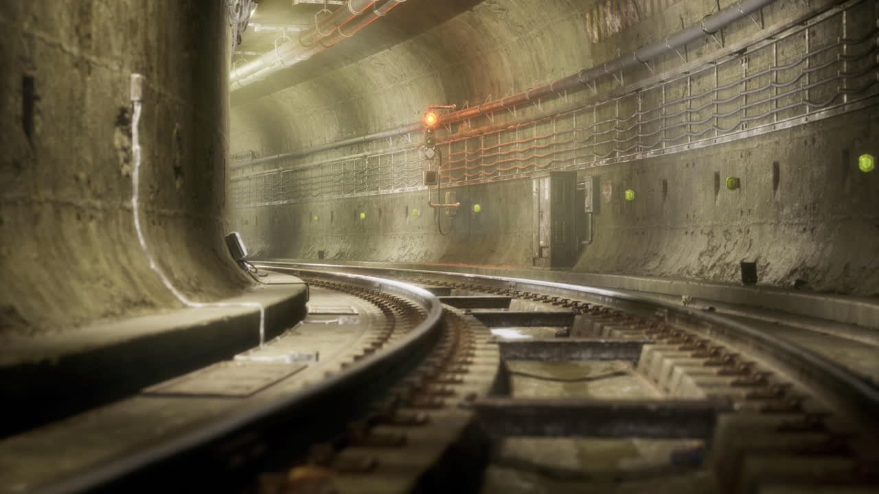 Inside a transportation tunnel featuring curved tracks and dim light