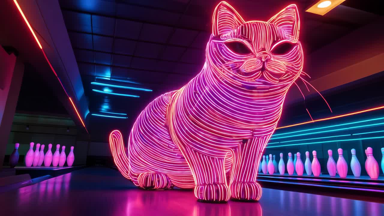 Neon Pink Cat Sculpture in a Bowling Alley