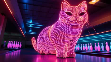 neon pink cat sculpture in a bowling alley