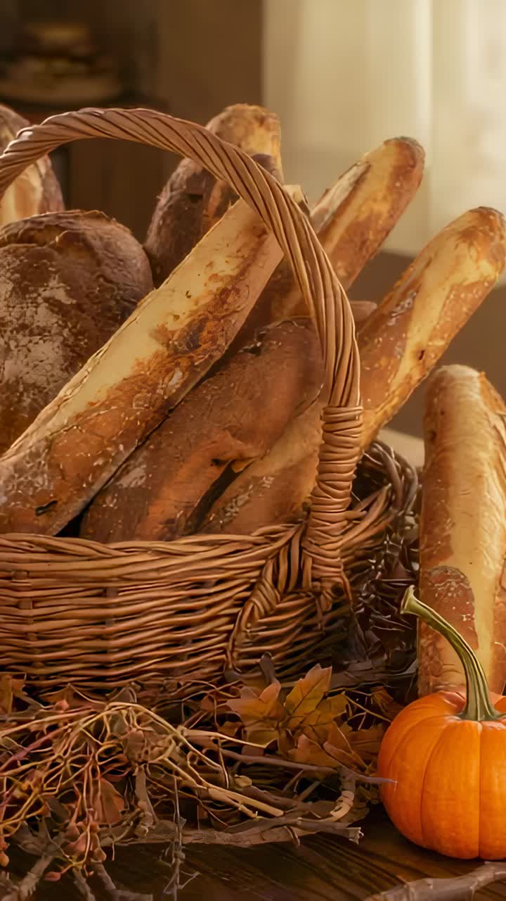 Video verticale: telecamera che effettua una panoramica rivelando un cesto di baguette, una pagnotta e delle zucche sul tavolo della cucina