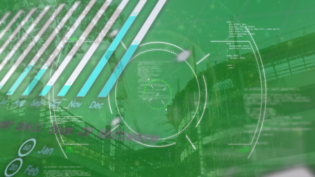 animación de círculos, globo terrestre, lenguaje informático, barras, vista de ángulo bajo de un edificio en construcción.