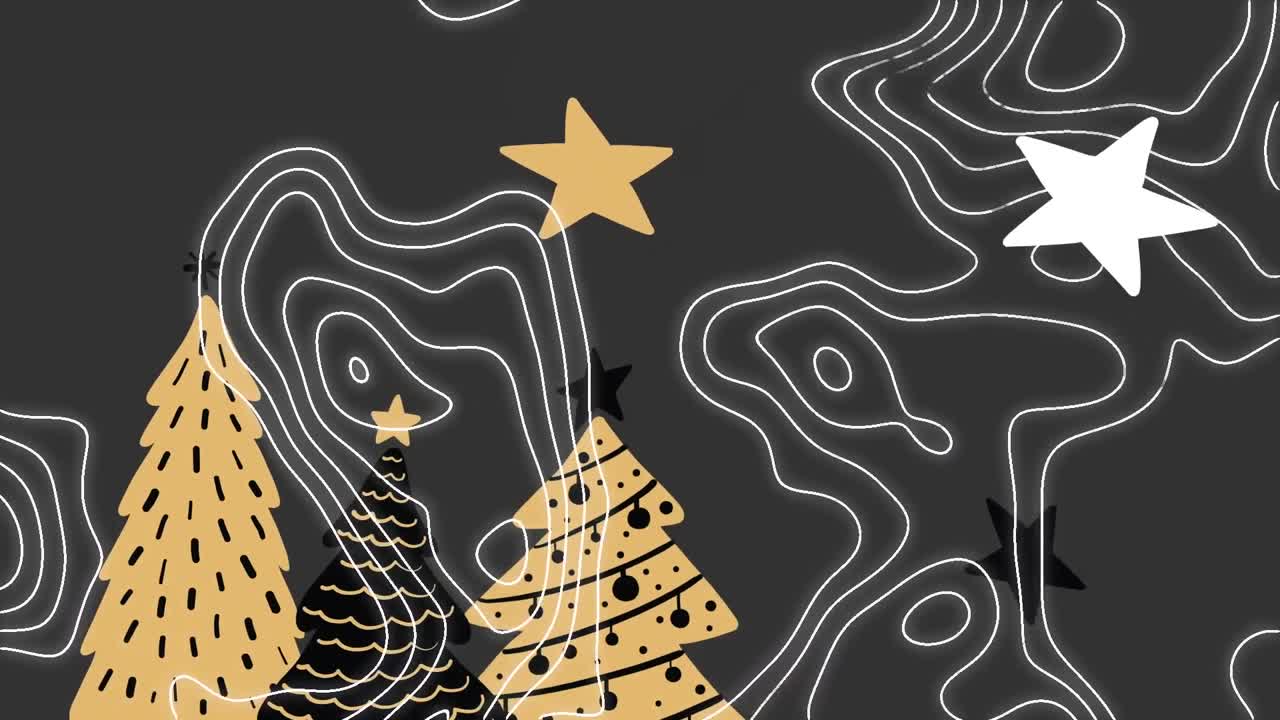 animación de formas que se mueven sobre árboles de navidad y estrellas