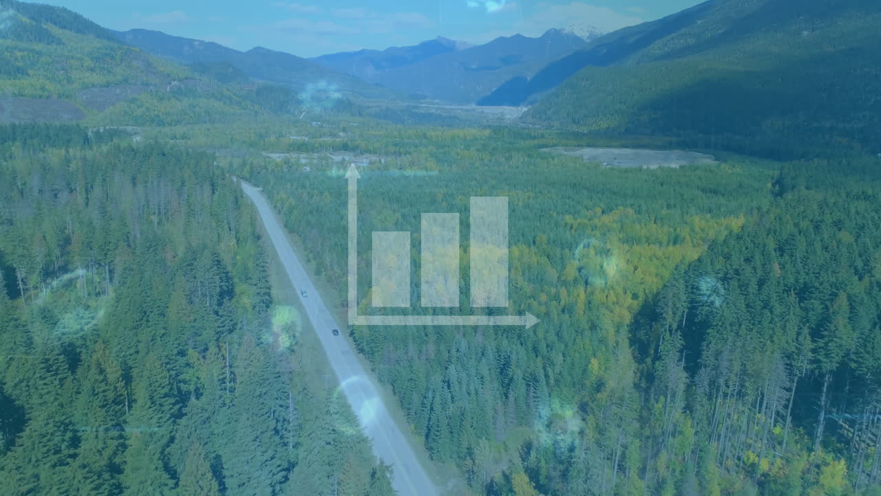 Graph animation overlaying landscape of mountain road through forest in nature