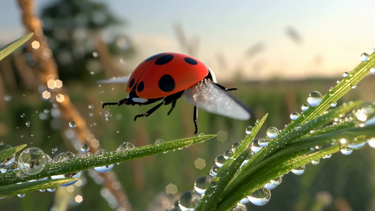 Red and black spotted ladybug lifting into bright sunrise light above dew-covered meadow grass, wings spread wide as sparkling droplets and soft blur create fresh natural motion, with ladybug, insect
