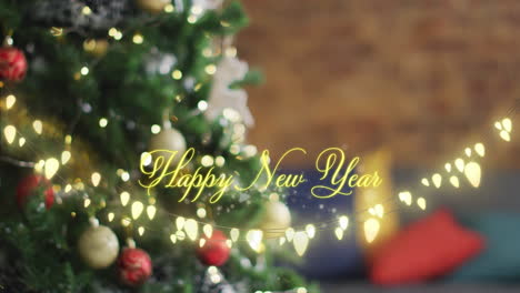 glowing lights and happy new year text over blurred christmas tree background