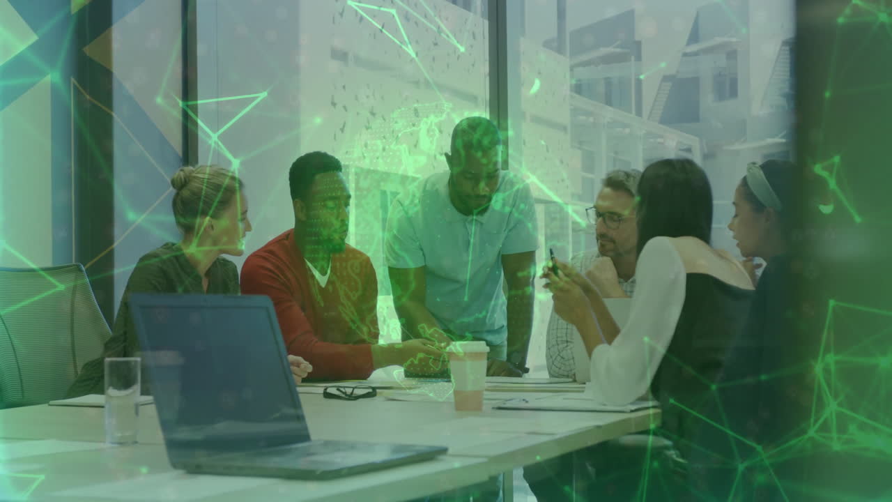 In office, team collaborating on project with digital network connections overlay