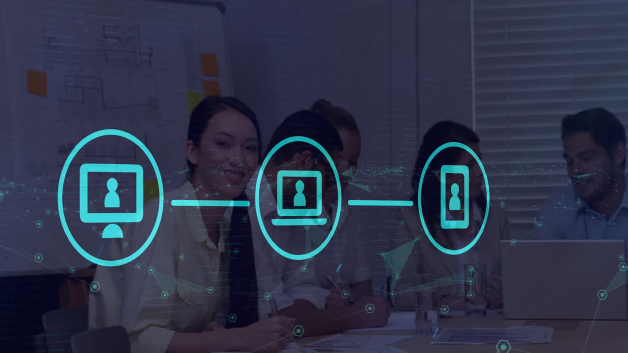 Animation of network of digital icons and plexus networks against asian woman smiling at office