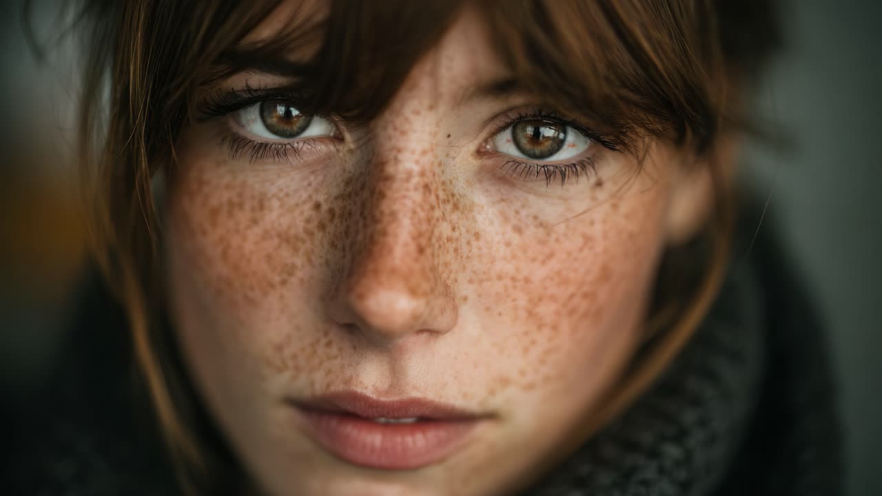 A Captivating Portrait of a Young Woman with Freckles and Intense Eyes, Showcasing Natural Beauty and Emotions in a Close-Up Shot