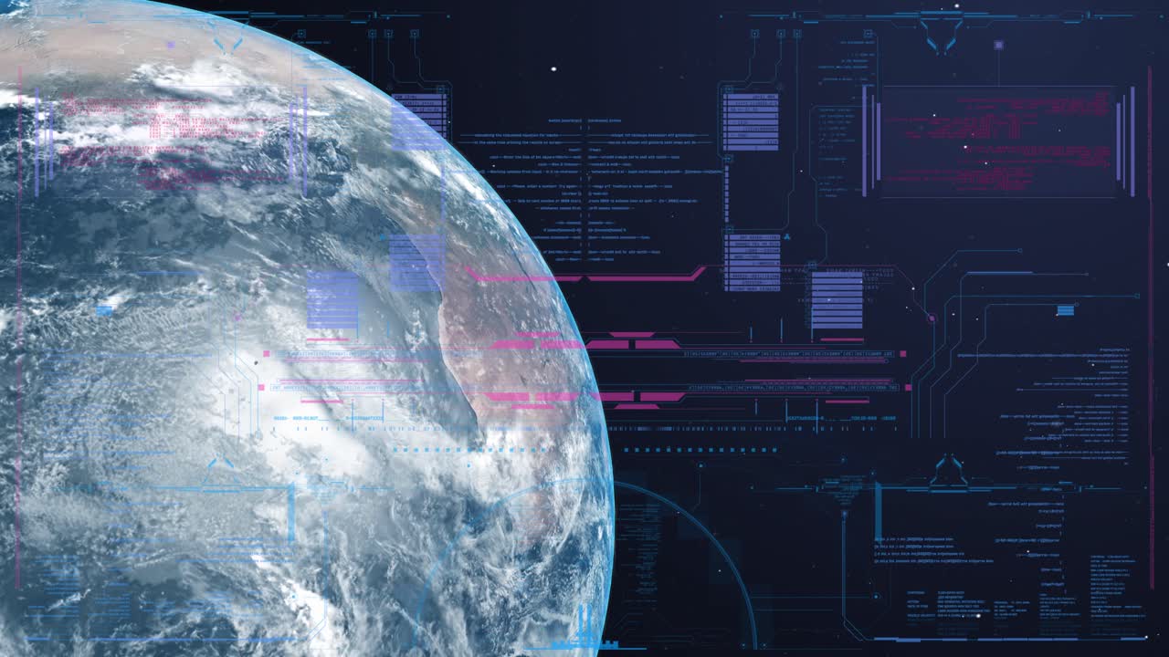 View of planet Earth from a spaceship with futuristic data and interface elements appearing on screen, sci-fi concept for exploration or analysis