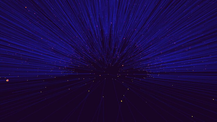 sfera futuristica luminosa con fasci di luce al neon e luccichii nella galassia oscura e profonda