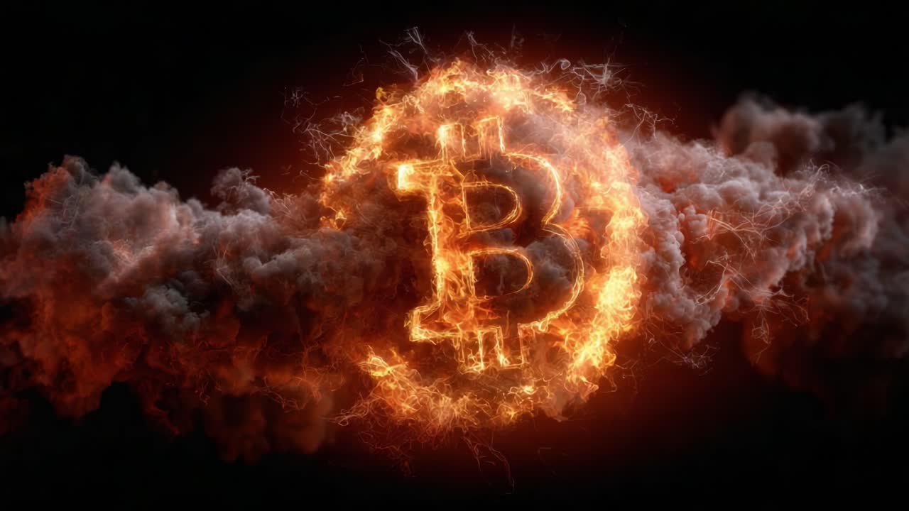 A fiery representation of digital currency, showcasing the Bitcoin symbol surrounded by flames and smoke, symbolizing the volatility and excitement of the cryptocurrency market